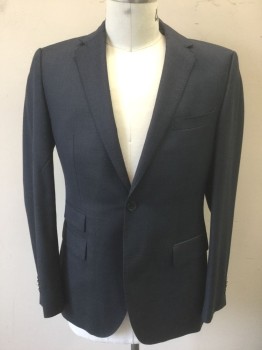 Mens, Sportcoat/Blazer, HUGO BOSS, Midnight Blue, Black, Wool, Check - Micro , 40R, Single Breasted, Notched Lapel, 2 Buttons, 3 Pockets, Dusty Blue Lining with Gray Grid Pattern
