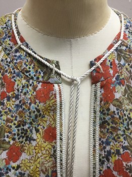 ALEXIS, Terracotta Brown, Navy Blue, Yellow, Olive Green, White, Polyester, Floral, Chiffon, Band Collar with White Tassel Belt Through Collar Loops, Raglan Bell Sleeves with 3 Elastic Bands, White/Gold Ribbon Trim at Raglan Seam and Center Front, 1/2 Open Front