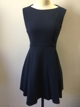 FRENCH CONNECTION, Navy Blue, Polyester, Viscose, Solid, Bateau/Boat Neck, Center Back Zipper, Flare Skirt