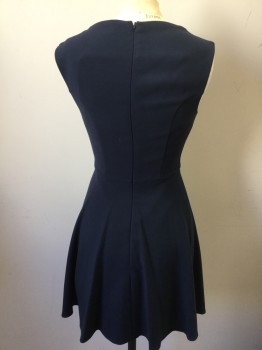FRENCH CONNECTION, Navy Blue, Polyester, Viscose, Solid, Bateau/Boat Neck, Center Back Zipper, Flare Skirt