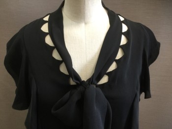 PHILLIP LIM, Black, Silk, Solid, Short Sleeves, Open Cut Work, Bow Center Front, Pullover,