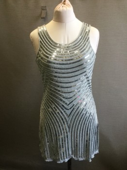 Womens, Cocktail Dress, RUNWAY, Lt Gray, Silver, Synthetic, Sequins, Stripes, L, Sequinned Stripe Patterned Front, Plain Gray Mesh Knit Back, Scoop Neck, Sleeveless