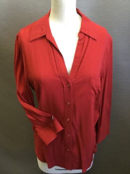 L'AGENCE, Red, Solid, V-neck with Collar Attached, Button Front, 1 Pocket, 3/4 Sleeves, Uneven Curved Hem