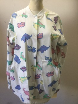 Unisex, Scrubs, Jacket Unisex, ANGELICA, Cream, Pink, Purple, Green, Yellow, Polyester, Cotton, Animal Print, M, Multicolor Dinosaurs, Snap Front, Long Sleeves, 2 Pockets,