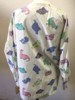 Unisex, Scrubs, Jacket Unisex, ANGELICA, Cream, Pink, Purple, Green, Yellow, Polyester, Cotton, Animal Print, M, Multicolor Dinosaurs, Snap Front, Long Sleeves, 2 Pockets,