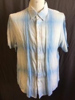 PERRY ELLIS, White, Lt Blue, Linen, Plaid-  Windowpane, Short Sleeves, Button Front, Collar Attached,