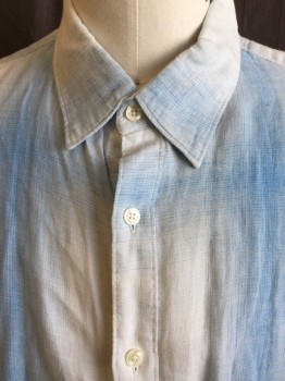 PERRY ELLIS, White, Lt Blue, Linen, Plaid-  Windowpane, Short Sleeves, Button Front, Collar Attached,
