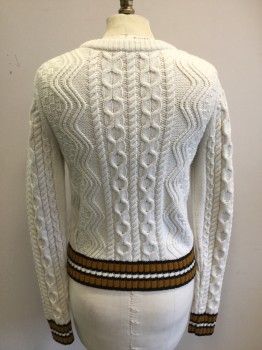 A.L.C., White, Turmeric Yellow, Navy Blue, Wool, Polyester, Solid, White Novelty Knit,  Ribbed Knit Crew Neck, Ribbed Knit Blue/Turmeric Yellow Stripes at Hem/Cuffs, (small Pull Back Left Hip)