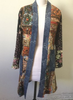 N/L, Multi-color, Rayon, Cotton, Abstract , Patchwork, Kimono Style, Various Panels of Different Patterns, Including Horizontal Stripes, Paisley, Floral, Etc, Light Blue/White Plaid Lining, Long Sleeves, Open at Center Front with No Closures, 2 Patch Pockets, Knee Length