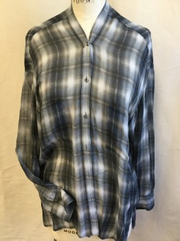 VINCE, Black, Gray, Lt Brown, White, Silk, Plaid, V-neck, Button Front,  2 Pockets, Long Sleeves,