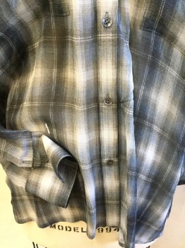 Womens, Blouse, VINCE, Black, Gray, Lt Brown, White, Silk, Plaid, M, V-neck, Button Front,  2 Pockets, Long Sleeves,