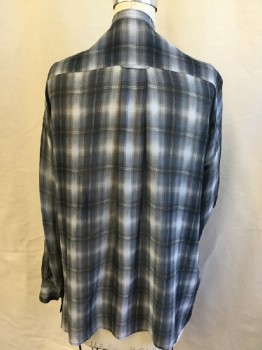 VINCE, Black, Gray, Lt Brown, White, Silk, Plaid, V-neck, Button Front,  2 Pockets, Long Sleeves,