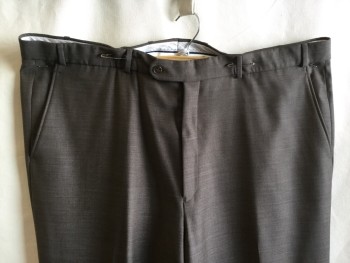 BALLIN, Brown, Wool, Polyester, Solid, 1.5" Waistband with Belt Hoops, Flat Front, Zip Front, 4 Pockets, Cuff Hem