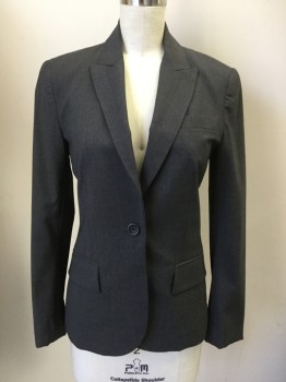 THEORY, Medium Gray, Wool, Lycra, Heathered, Single Breasted, Collar Attached, Peaked Lapel, 3 Pockets, 1 Button, **TV Alt Sleeves**