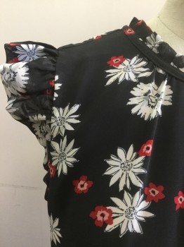 Womens, Dress, Short Sleeve, LENON , Black, White, Red, Polyester, Rayon, Floral, S, Crew Neck, Ruffled Neck, Butterfly Sleeves,  Back Zip