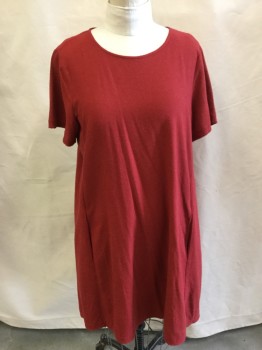 EILEEN, Red, Silk, Solid, Red, Round Neck,  Short Sleeves, Loose Fit, 2 Pockets, Keyhole with 1 Button Back