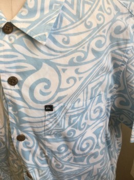 QUICKSILVER, Lt Blue, White, Cotton, Abstract , Button Front, Collar Attached, Short Sleeves, Pocket,