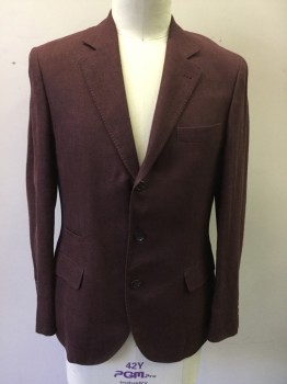 BRUNELLO CUCINELLI, Wine Red, Solid, Single Breasted, Collar Attached, Notched Lapel, Hand Picked Collar/Lapel, 4 Pockets, 3 Buttons