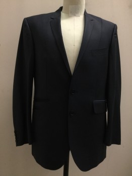 GIOVANNI FABRONI, Navy Blue, Wool, Lycra, Solid, Single Breasted, Collar Attached, Notched Lapel, Hand Picked Collar/Lapel, 4 Pockets, 2 Buttons