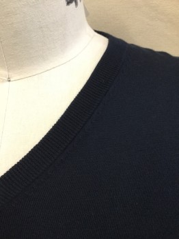 Mens, Pullover Sweater, BROOKS BROTHERS, Navy Blue, Cotton, Solid, M, Navy, Pullover,  Ribbed V-neck, Long Sleeves Cuffs & Hem,