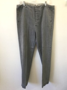 N/L MTO, Gray, Cotton, Herringbone, Herringbone Twill, Flat Front, Button Fly, Gray Suspender Buttons at Outside Waist, 2 Pockets, Made To Order Reproduction