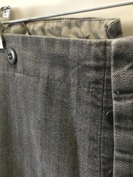 Mens, Historical Fiction Pants, N/L MTO, Gray, Cotton, Herringbone, Ins:32, W:36, Herringbone Twill, Flat Front, Button Fly, Gray Suspender Buttons at Outside Waist, 2 Pockets, Made To Order Reproduction