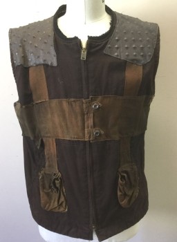 N/L , Brown, Dk Brown, Cotton, Leather, Solid, Brown Heavy Canvas/Duck, Zip Front, Panels of Slightly Lighter Brown Cotton Across Chest, 2 Buttons at Center Front Chest, 2 Pockets with Button Closures, Textured Brown Leather with Self Pyramid Stud Texture at Shoulders, Dickies Work Vest That Has Been Altered