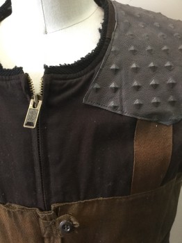 Mens, Vest, N/L , Brown, Dk Brown, Cotton, Leather, Solid, L, Brown Heavy Canvas/Duck, Zip Front, Panels of Slightly Lighter Brown Cotton Across Chest, 2 Buttons at Center Front Chest, 2 Pockets with Button Closures, Textured Brown Leather with Self Pyramid Stud Texture at Shoulders, Dickies Work Vest That Has Been Altered