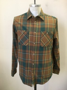 ALTAMONT, Brown, Dk Green, Yellow, Mint Green, Cotton, Plaid, Flannel, Button Front, Collar Attached, Long Sleeves, 2 Pockets
