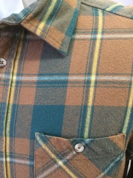 ALTAMONT, Brown, Dk Green, Yellow, Mint Green, Cotton, Plaid, Flannel, Button Front, Collar Attached, Long Sleeves, 2 Pockets