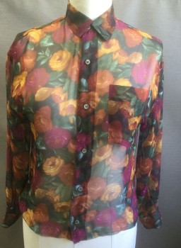 GEORGES MARCIANO, Magenta Pink, Rust Orange, Mustard Yellow, Dk Green, Jade Green, Polyester, Floral, Sheer Chiffon, Long Sleeves, Button Front, Collar Attached, 1 Patch Pocket