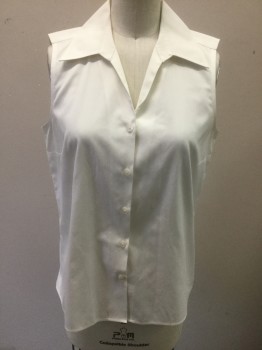TALBOTS, White, Cotton, Solid, Sleeveless, Button Front, Collar Attached, Darts at Bust, Fitted