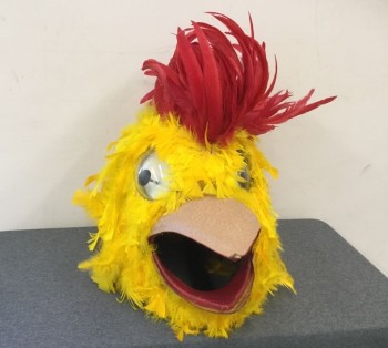 Unisex, Walkabout, N/L, Yellow, Red, Feathers, Plastic, O/S, Chicken Head,  Plastic Hard Hat Covered in Yellow Feathers, Red Feather Comb, Brown Rubber Beak with Red Interior, Visual Field From Mouth, Clear Plastic Googly Eyes