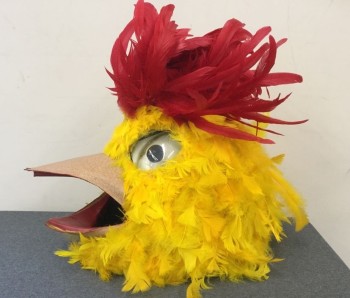 N/L, Yellow, Red, Feathers, Plastic, Chicken Head,  Plastic Hard Hat Covered in Yellow Feathers, Red Feather Comb, Brown Rubber Beak with Red Interior, Visual Field From Mouth, Clear Plastic Googly Eyes