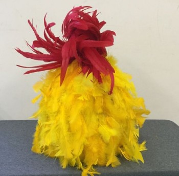 Unisex, Walkabout, N/L, Yellow, Red, Feathers, Plastic, O/S, Chicken Head,  Plastic Hard Hat Covered in Yellow Feathers, Red Feather Comb, Brown Rubber Beak with Red Interior, Visual Field From Mouth, Clear Plastic Googly Eyes