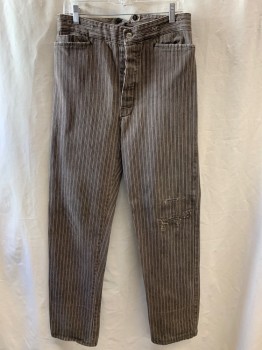 N/L, Faded Black, Cream, Cotton, Stripes - Vertical , Aged/Distressed,  Flat Front, Button Fly,  Mended Hole, 4 Pockets, Self Belt Tab Back,