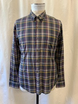 VINCE, Dk Gray, Dk Brown, Ivory White, Yellow, Magenta Purple, Cotton, Plaid, Collar Attached, Button Down Collar, Button Front, 1 Pocket, Long Sleeves