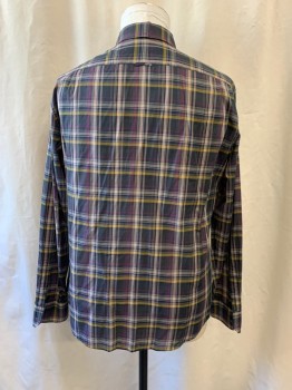 VINCE, Dk Gray, Dk Brown, Ivory White, Yellow, Magenta Purple, Cotton, Plaid, Collar Attached, Button Down Collar, Button Front, 1 Pocket, Long Sleeves