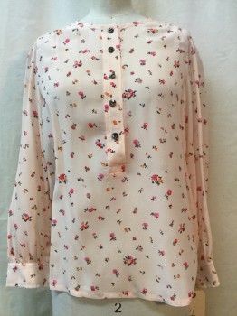 REBECCA TAYLOR, Lt Pink, Orange, Charcoal Gray, Red, White, Silk, Spandex, Floral, 5 Buttons, Long Sleeves, Crew Neck,