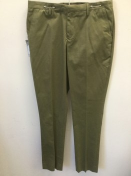 Mens, Casual Pants, TOP MAN, Olive Green, Cotton, Solid, 32/33, Flat Front, Twill Weave, Skinny