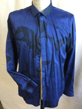 CALVIN KLEIN, Blue, Black, Cotton, Abstract , Collar Attached, Hidden Button Front, Long Sleeves,