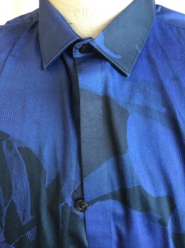 CALVIN KLEIN, Blue, Black, Cotton, Abstract , Collar Attached, Hidden Button Front, Long Sleeves,