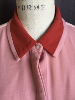 SCOTCH & SODA, Peach Orange, Salmon Pink, Dk Orange, Polyester, Color Blocking, (DOUBLE)  Collar Attached, Hidden Button Front, Long Sleeves,