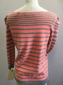REBECCA TAYLOR, Coral Orange, Gray, Wool, Cashmere, Stripes - Horizontal , Bateau/Boat Neck, Puff Sleeves, Knit, 3/4 Sleeves,