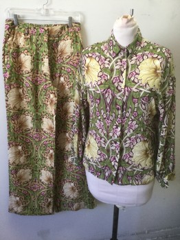 Womens, Suit, Jacket, MORRIS & CO/H&M, Multi-color, Lime Green, Red Burgundy, Ecru, Lt Pink, Polyester, Floral, 6, Blouse, Burgundy/Olive/Ecru/Lime/Beige Floral Pattern, Crinkled Texture Chiffon, Long Sleeve Button Front, Collar Attached, Oversized Fit