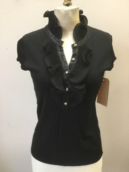ADRIENNE VITTADINI, Black, Rayon, Nylon, Solid, Fine Sweater Knit, Pull Over, Cap Sleeves, Double Pleated Ruffle Collar and Front Button Placket Trim, Silver Buttons