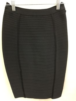 Womens, Skirt, Below Knee, HL BANDAGE, Black, Rayon, Spandex, Solid, M, Black, Horizontal Ribbed, 2 Self Black Vertical Stripes Front & Back, Stretchy, Fitted, Exposed Gold Zip Back,