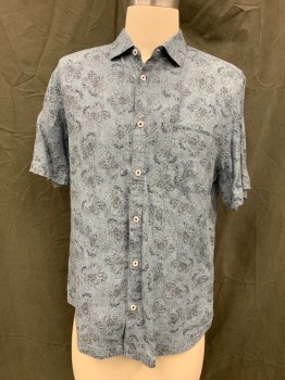 GOODMAN, Dusty Blue, Navy Blue, White, Linen, Floral, Button Front, Collar Attached, Short Sleeves, Left Chest Pocket