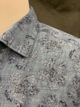 GOODMAN, Dusty Blue, Navy Blue, White, Linen, Floral, Button Front, Collar Attached, Short Sleeves, Left Chest Pocket