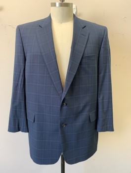 JV JOHN VARVATOS, Dk Blue, Midnight Blue, Wool, Plaid, Single Breasted, Notched Lapel, 2 Buttons, 3 Pockets, Solid Navy Satin Lining, **Top Button is Chipped